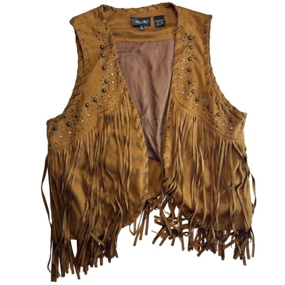 Miss Me Women's Beige Sleeveless Faux Leather Fringe Vest Top - Picture 1 of 4